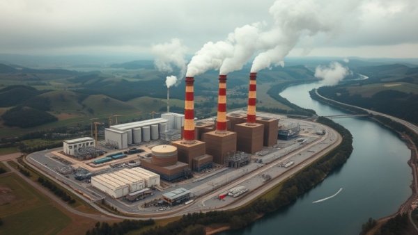 Gas-fired power plant West Virginia beside a river from an aerial view.