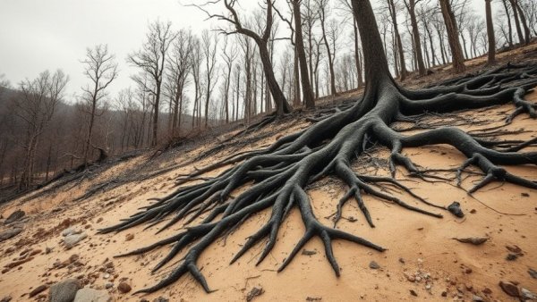 Wildfire aftermath with charred roots and barren hillside, kudzu wildfire risk.
