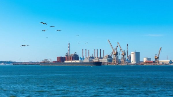 Dow Chemical plant across river, birds flying above, clear sky.