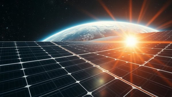 Futuristic solar panels capturing sunlight in space for solar power expansion.