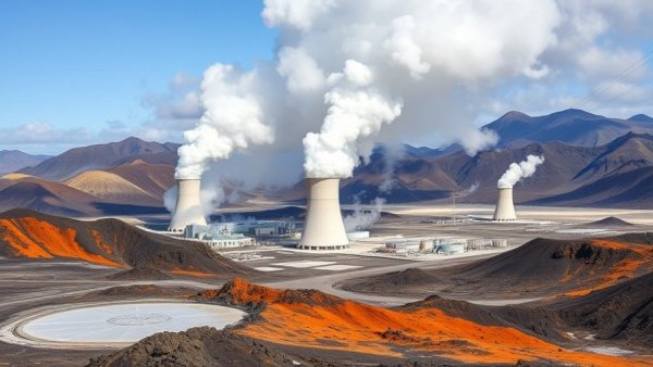 Geothermal power station in rugged volcanic terrain producing clean energy.