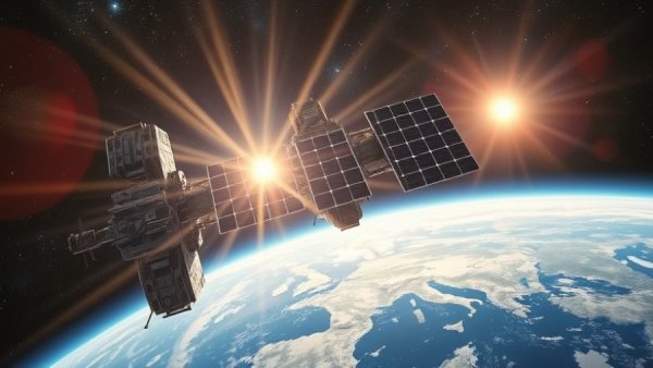 Futuristic space station harnessing solar power with Earth's backdrop.