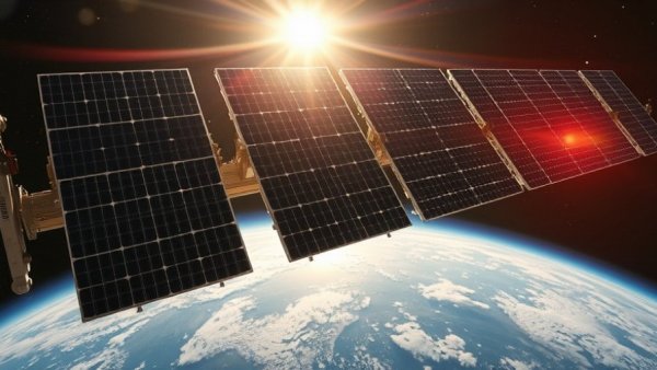 Futuristic space-based solar power station with massive panels.