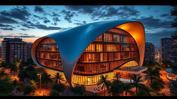 Modern building design at dusk, representing PlasCred $5 Million Grant for Neos Facility.