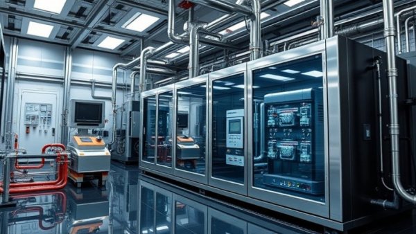 Modern energy recovery system in futuristic lab setting.