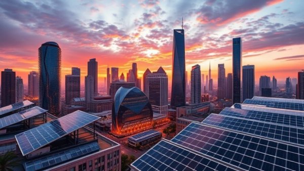 Futuristic cityscape with solar panels reflecting advanced solar financing, vibrant sunset.