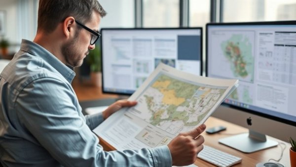 Engineer reviewing NPDES Stormwater Compliance documents in modern office.