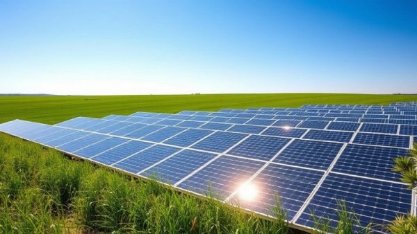 Modern solar panels in a green field, Stardust Solar sustainability strategy.