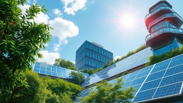 Modern building with solar panels exemplifying sustainability and energy efficiency solutions.