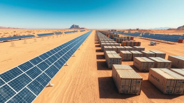 Utah Gigasite solar panels and storage containers under clear blue sky.