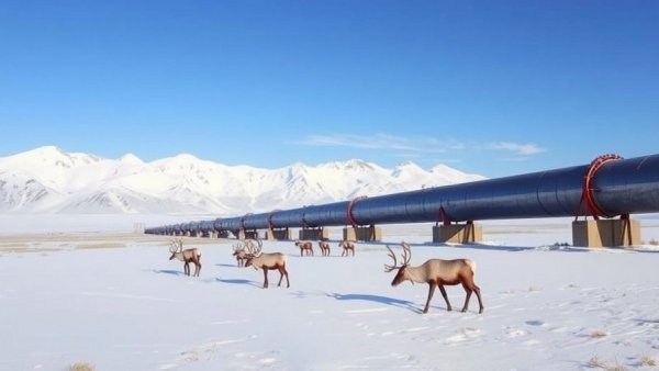 Caribou grazing under oil pipeline in Alaska tundra, highlighting Alaska Indigenous rights and drilling.