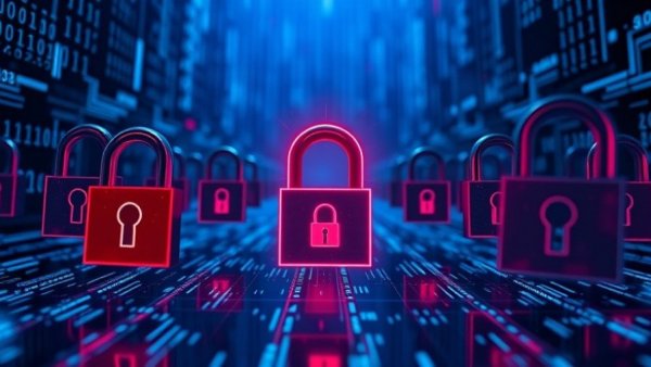 Visual of cybersecurity vulnerabilities with a red open lock among blue locks, symbolizing cybersecurity in nuclear facilities threats.