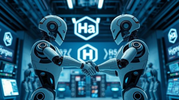 Futuristic robots forming First Hydrogen Robotics Partnership in high-tech lab.