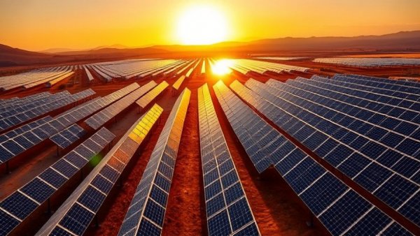 Vibrant solar farm in Zambia capturing sunset energy.