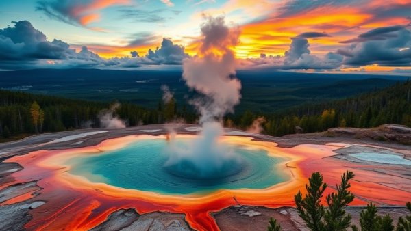 Stunning geothermal pool at sunset in a must-visit national park.