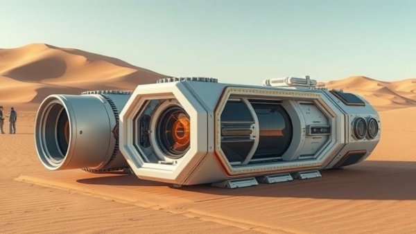 Futuristic micro modular reactor in UAE desert landscape.