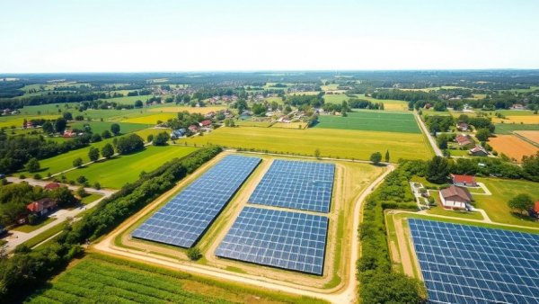 Aerial view of community solar investment with solar panels and homes.