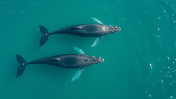 Southern right whales swimming close in clear water, photorealistic.