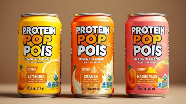 Protein Pop Plus cans in citrus, orange cream, and mango peach flavors.