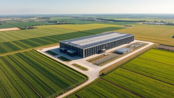 Aerial view of a modern data center in Iowa surrounded by farmland.