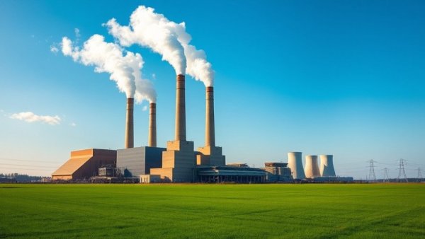 Expansive power plant emitting steam, green field, Plant Bowen gas expansion air quality lawsuit.