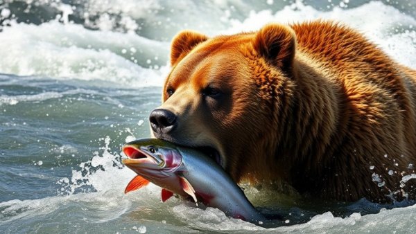 Brown bear skillfully catching salmon in a rushing river