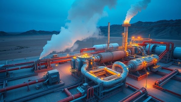 Futuristic geothermal energy plant in desert producing synthetic fuel.