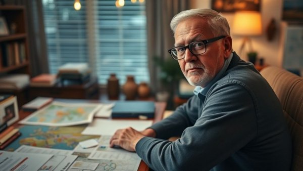 Concerned man analyzing maps at home amid Texas water shortage catastrophe.