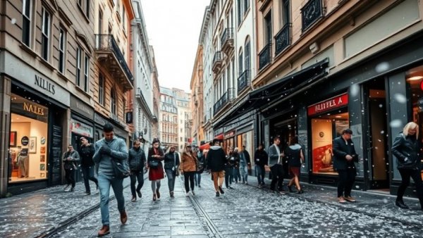 Hailstorm on city street highlighting climate change impact.