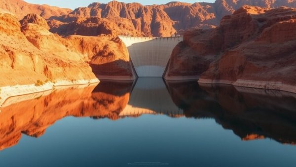 Glen Canyon Dam and Colorado River water management at golden hour.