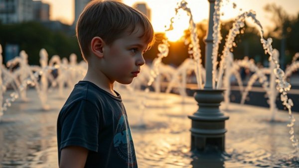 Child observing fountains, highlighting America's need for improved water infrastructure.