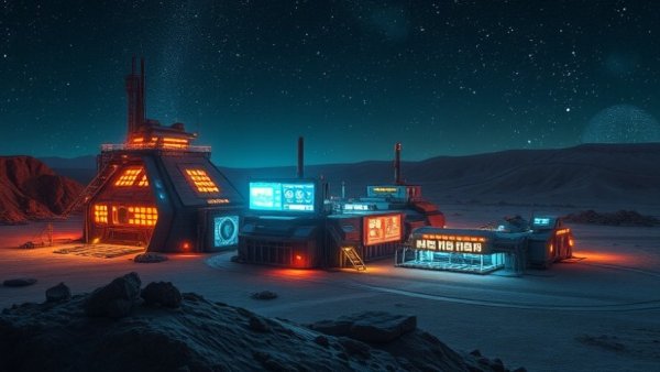 Futuristic mining facility at night for Rocas Project Uranium discovery.