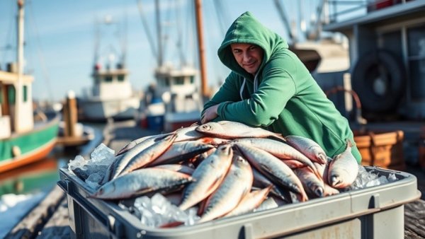 Fisherman inspects seafood catch on a bright sunny dock, highlighting warming waters threat.