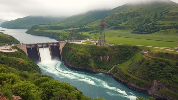 Hydropower energy transition at dam with lush hills, river.