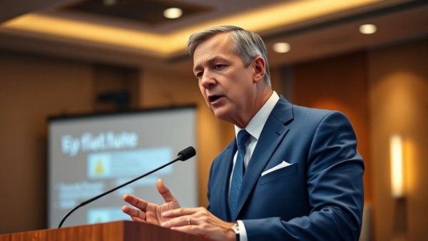 Man in blue suit speaking at a podium during a conference.