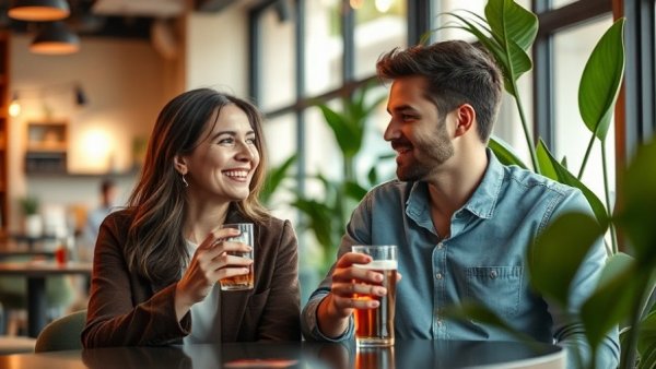 Smiling couple enjoying a relaxed moment at a cafe, Do Heon Jeong MWR Life Success.