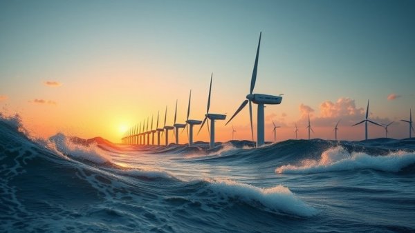 Futuristic AI-driven wave energy farm during sunset.