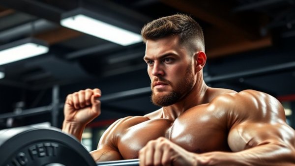 Muscular man performing barbell row during PHUL Workout Routine in gym.
