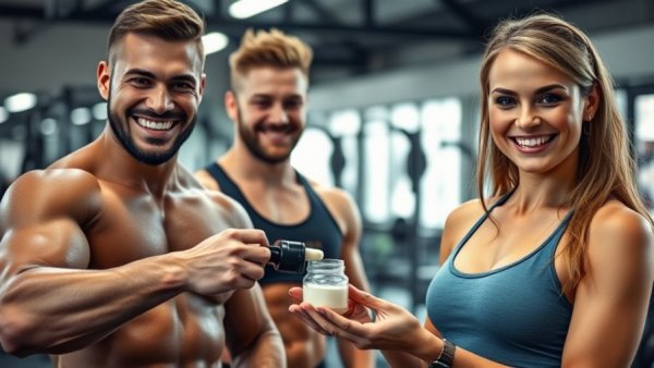 Fit individuals preparing pre-workout, gym setting, active lifestyle.