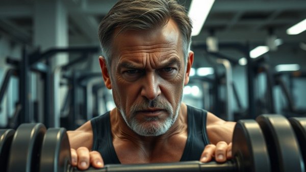 Middle-aged man lifting weights in gym, intense effort and focus
