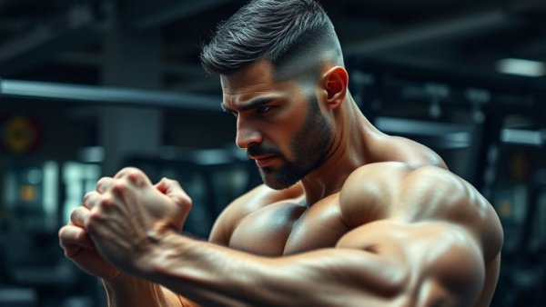 Muscular man doing rear delt exercises in a dimly lit gym.
