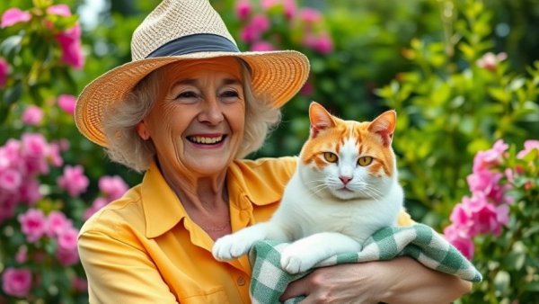 Joyful woman holding a cat in a vibrant garden, cancer link between cats and humans
