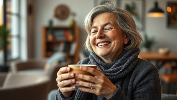 Joyful woman enjoying coffee and tea cognitive health benefits.
