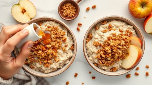 Fiber-rich breakfasts oatmeal and granola with syrup.
