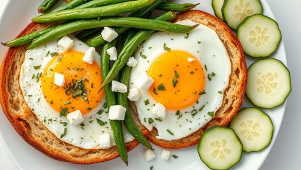 Non-dairy meal with fried eggs, green beans, and avocado toast, highlighting non-dairy foods for strong bones.