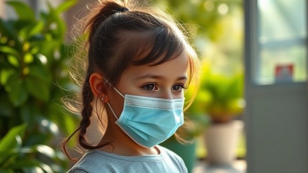 Child with mask outside a daycare, symbolizing health awareness.