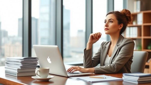 Professional businesswoman in office reviewing Picton Property Income strategic plan.