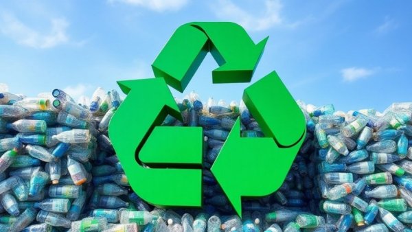 Recycling logo and slogan with plastic bales, Global Recycling Day 2026 theme.