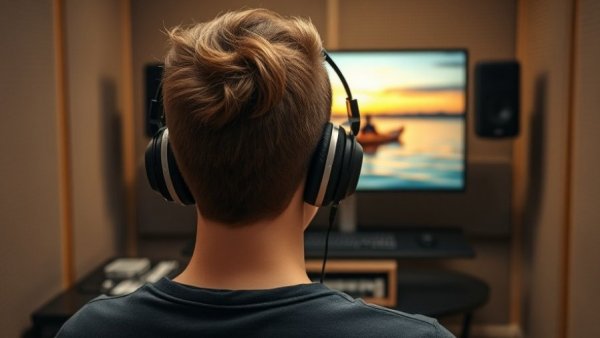 Person in acoustic room wearing EEG device, viewing monitor with sunset.