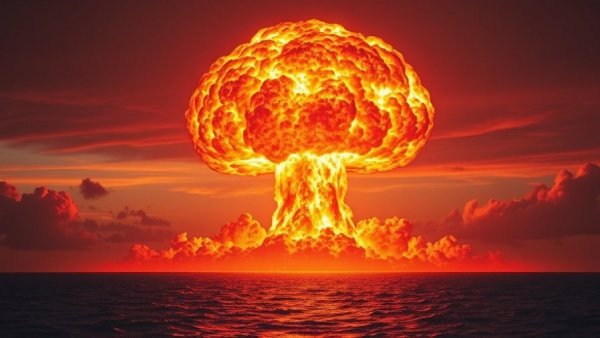 Fiery explosion depicting potential nuclear catastrophe over ocean.